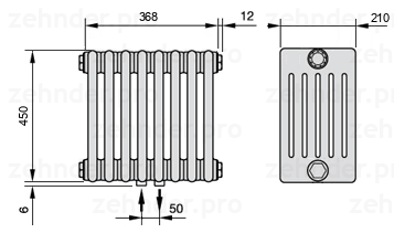 Схема (чертеж) Радиатор Zehnder Charleston 6045/8 №3470 Белый глянцевый RAL 9016
